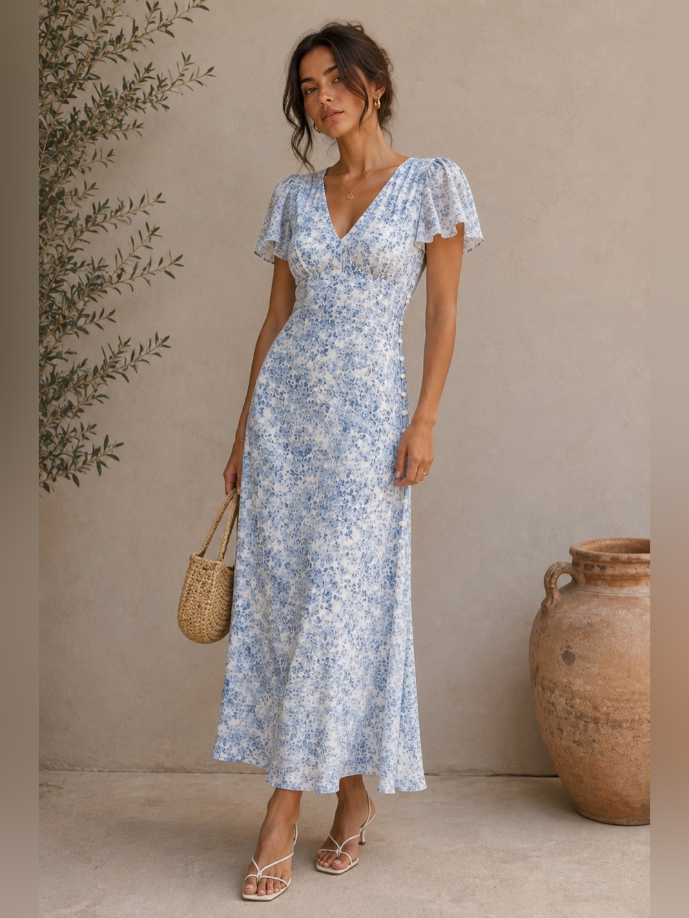 RIHOAS Blue Floral Maxi Dress M NWT Flutter Sleeve Cottagecore Romantic